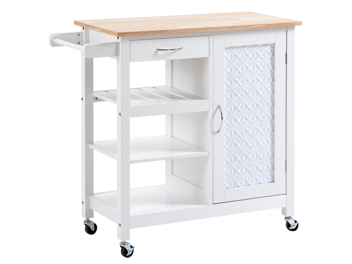 Carrinho De Cozinha Com 1 Gaveta, 1 Armário E 1 Prateleira De 3 Níveis, 92x40x84cm, Branco