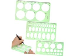 Conjunto de 3 gabaritos geométricos Supvox em ABS verde com sistema métrico e diversas formas para projetos estudantis.