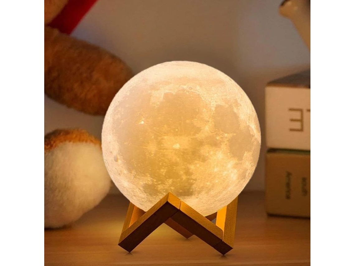 Lâmpada 3D Lua com Base de Madeira, Controle e Touch, 15cm
