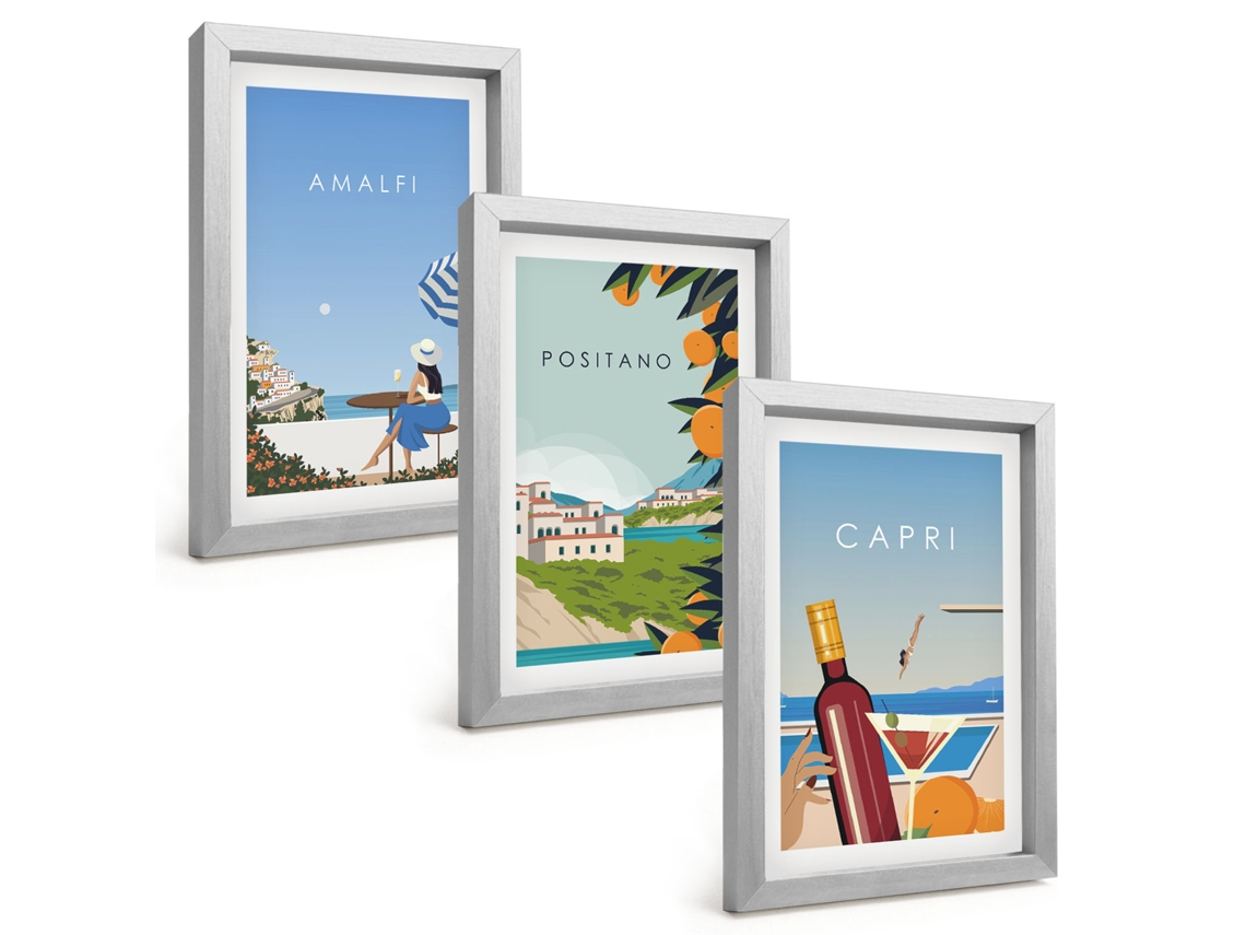 Pinturas Murais Modernasamalfi, Positano E Capri Moldura Prateada Fotos Para O Corredor Espelharte (3 Peças 20x30 Cm)