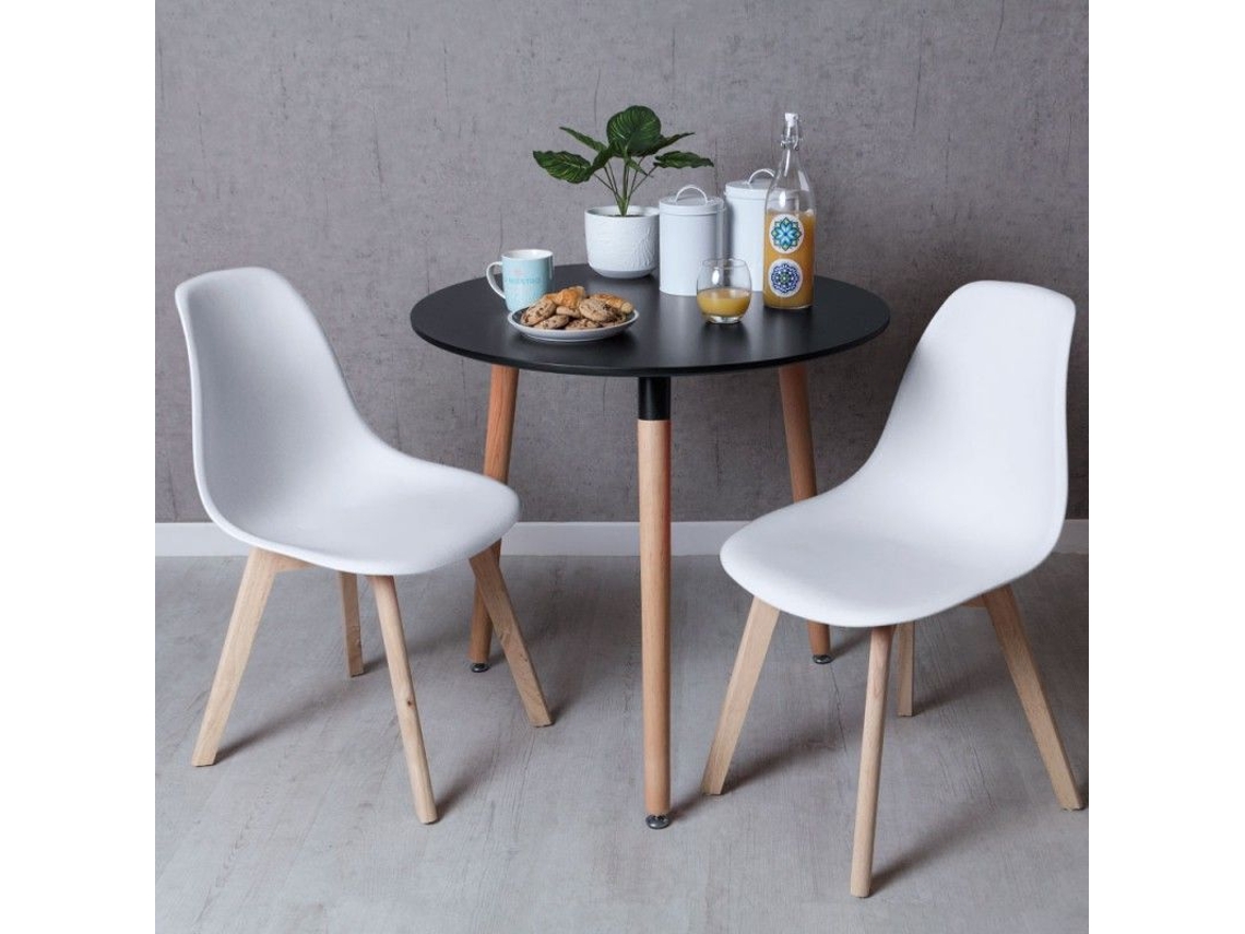 Conjunto Mesa Tower Redonda 80 Cm Preta E Pack 2 Cadeiras Kelen - Branco