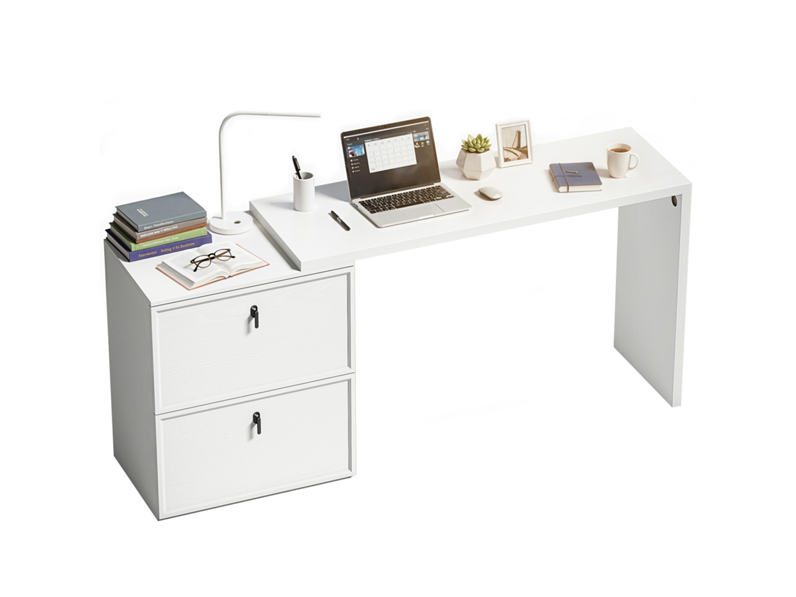 Mesa Reversível em Formato de L com 2 Gavetas de Arquivo Design Moderno para Espaços Pequenos Escritório Branco Ge