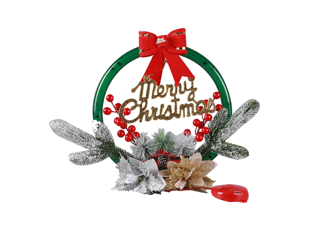Coroa de Natal com luzes Led, pinhas, bagas vermelhas e timer, 28x30cm | S/MARCA