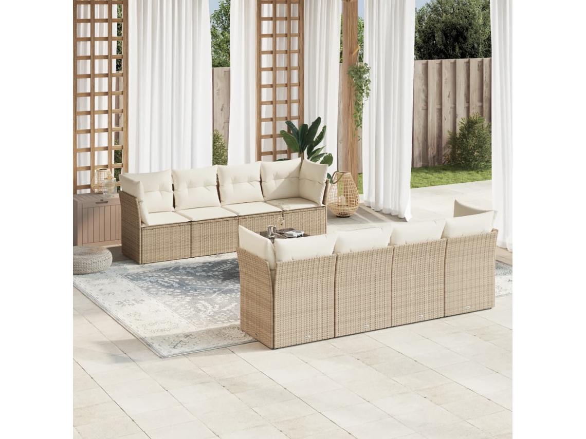 Conjunto de 9 Sofás para Jardim com Almofadas Vime Pe Bege Dkd Home Decor