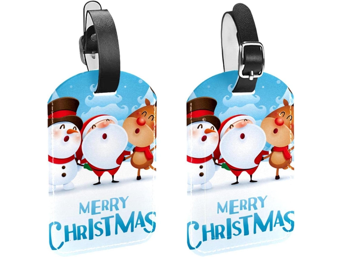 Conjunto De 2 Etiquetas Bagagem Em Couro Pu Com Desenhos Papai Noel, Boneco De Neve, Rena E Cervo Proteção De
