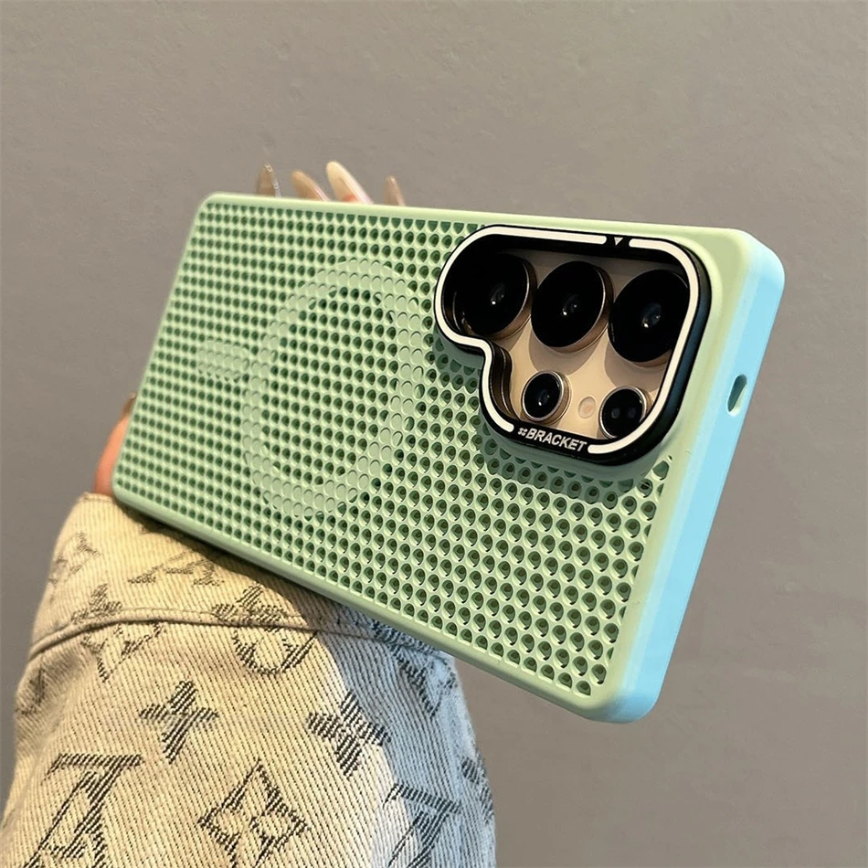 Capa Protetora Com Dissipação De Calor (verde Para Galaxy S23), Suporte Para Lente Dourado, Carregamento Sem Fio.