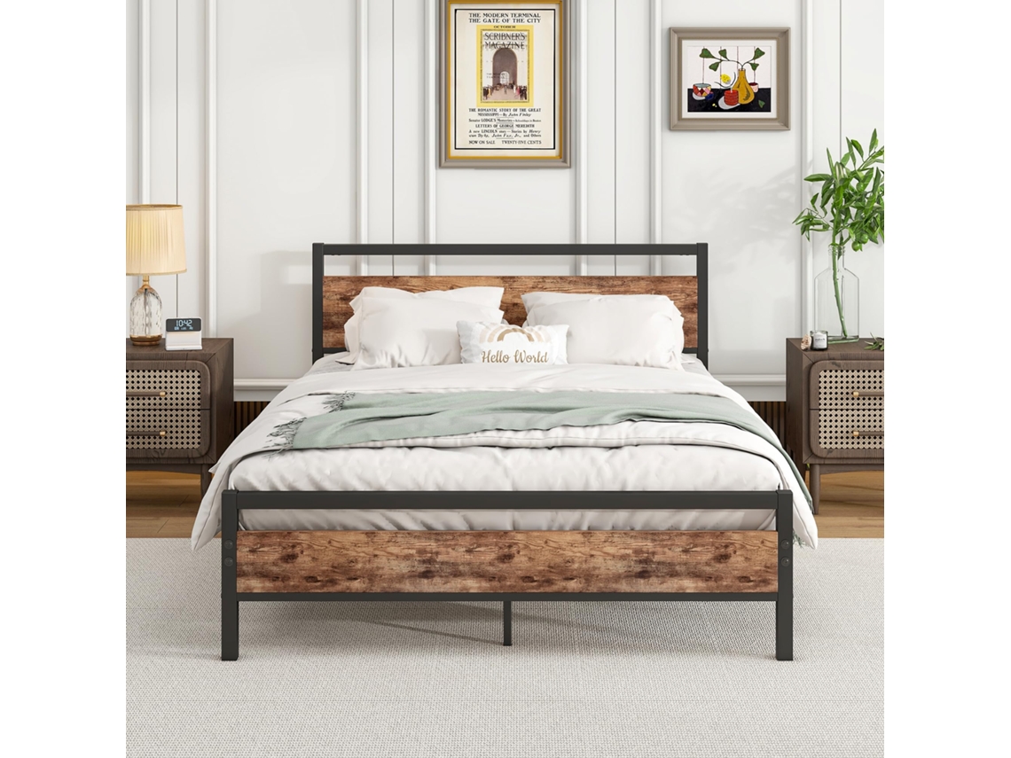 Cama Com Estrado E Arrumação Em Mdf E Metal Castanho Antigo 140x200 Cm