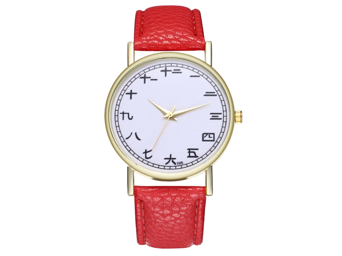 Relógio de pulso feminino elegante com pulseira de couro PU, mostrador redondo e mecanismo de quartzo vermelho.