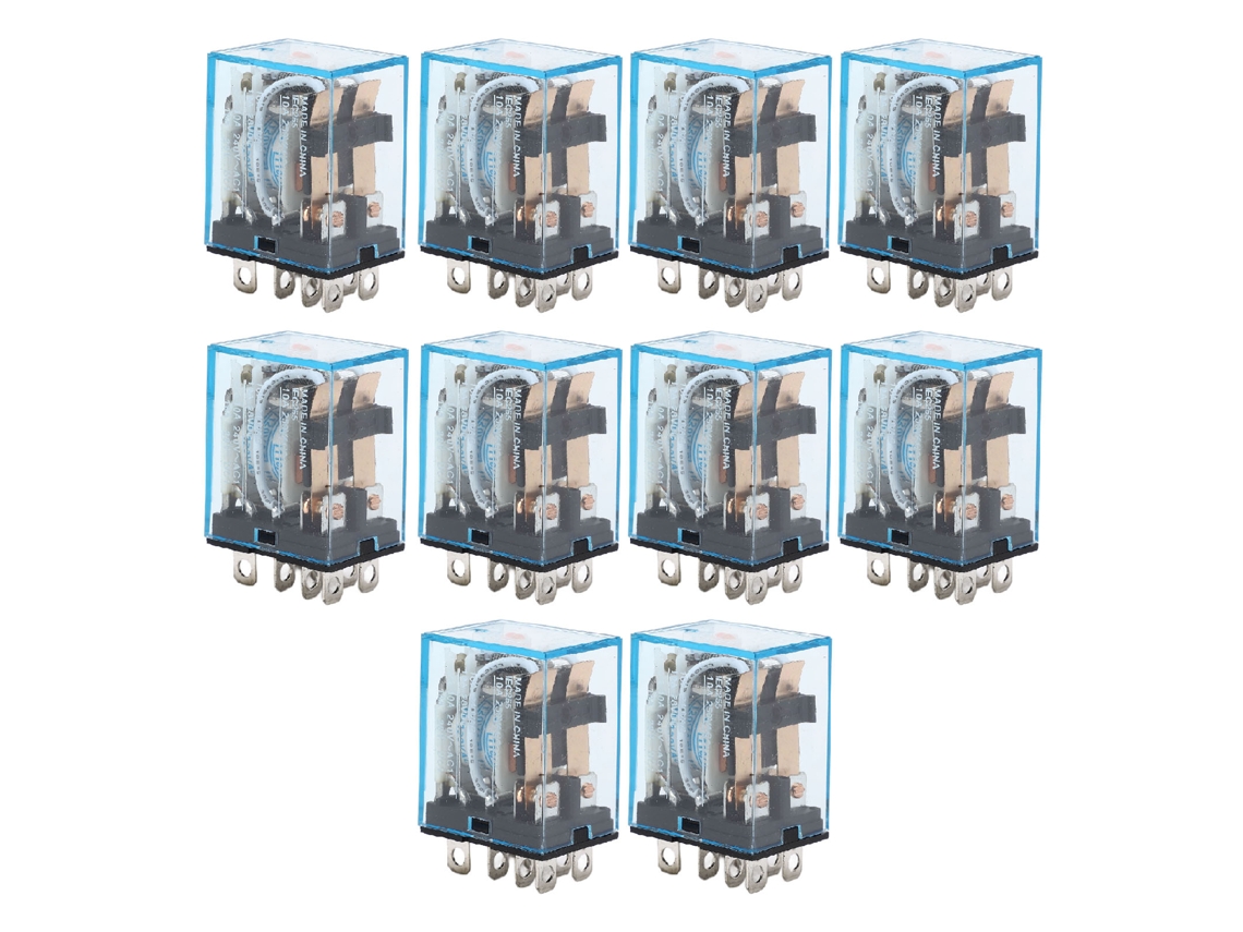 Conjunto de 10 relés eletromagnéticos de pequeno porte, com 8 pinos (2 normalmente abertos e 2 normalmente fechados), 110 V.