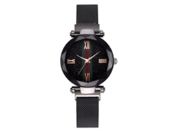 Relógio feminino com estampa de céu estrelado, pulseira de malha magnética e movimento de quartzo (preto)