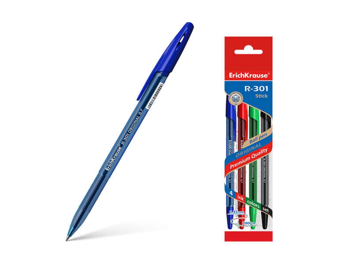 Pacote De 4 Canetas Stick 07 R 301 Original Ponta 07mm Tinta De Secagem Rápida Corpo Hexagonal Com Aderência Cor Azul Erichkrause