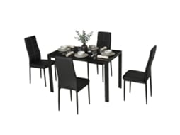 Conjunto de Refeição com Mesa Retangular de Vidro Temperado e 4 Cadeiras Estofadas em Pu com Pés de Metal Preto pt