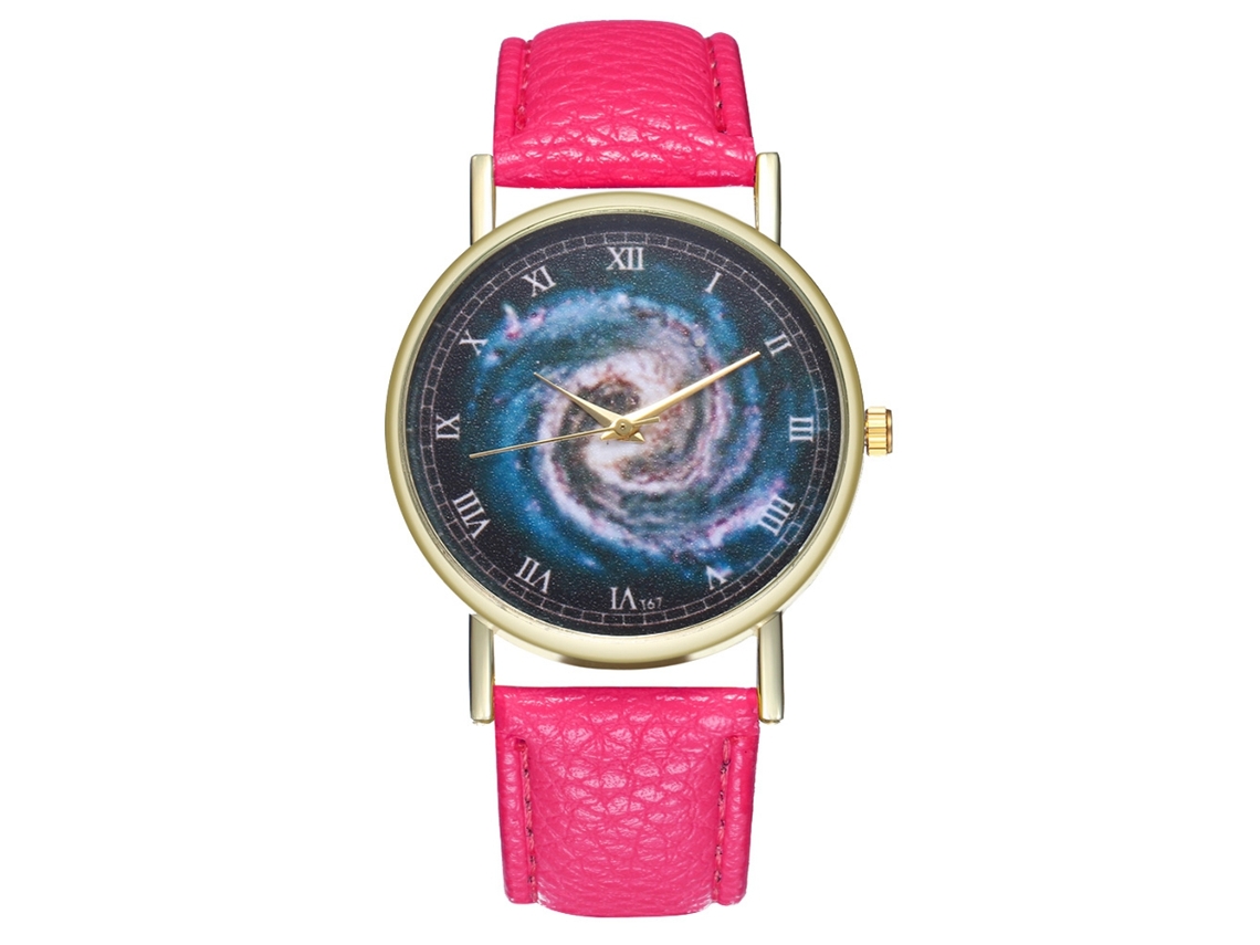 Relógio de quartzo com pulseira de couro PU, mostrador moderno, tema Universo, numerais romanos, unissex, vermelho/rosa.