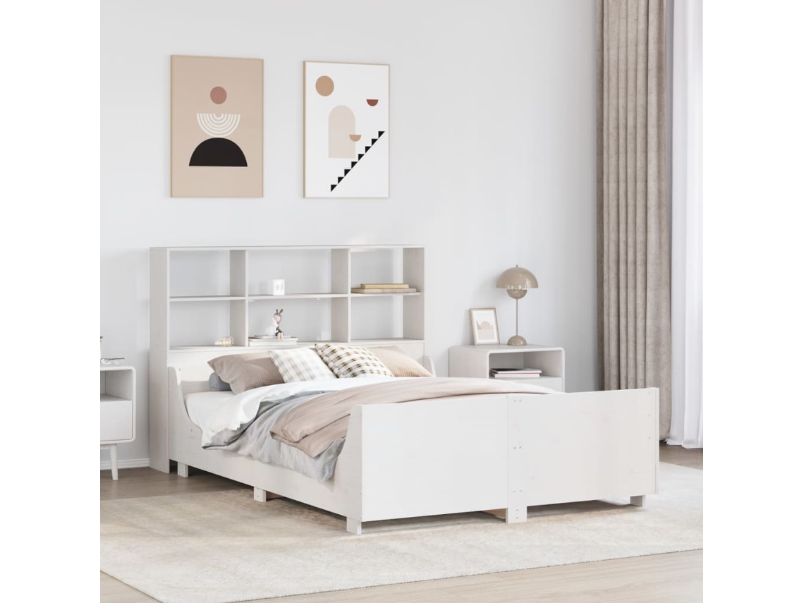 Vidaxl Cama Com Estante Sem Colchão 160x200 Cm Madeira Maciça Branco