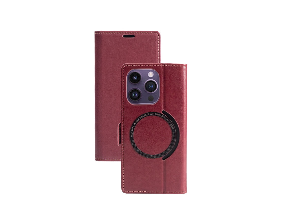 Capa De Couro Flip Magnética Para Iphone 15 Pro, Vermelha, Capa Com Carregamento Sem Fio