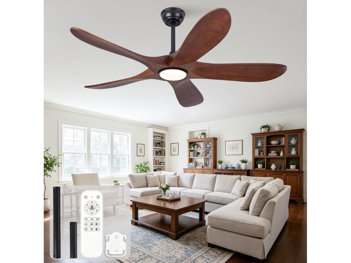 Ventilador De Teto 52 Polegadas Com Luz Led, Cinco Pás de Madeira, 3cct, Seis Velocidades E Funcionamento Quilencioso