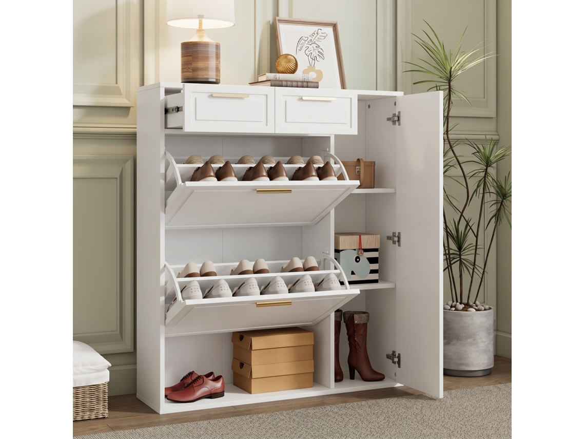 Sapateira 95x24x107cm Prateleiras Douradas Branco Hall Entrada