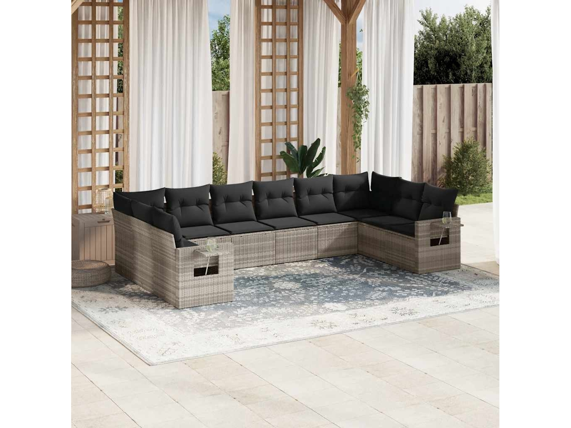 Vidaxl 10 Pcs Conj. Sofás Jardim Com Almofadões Vime Pe Cinzento-claro