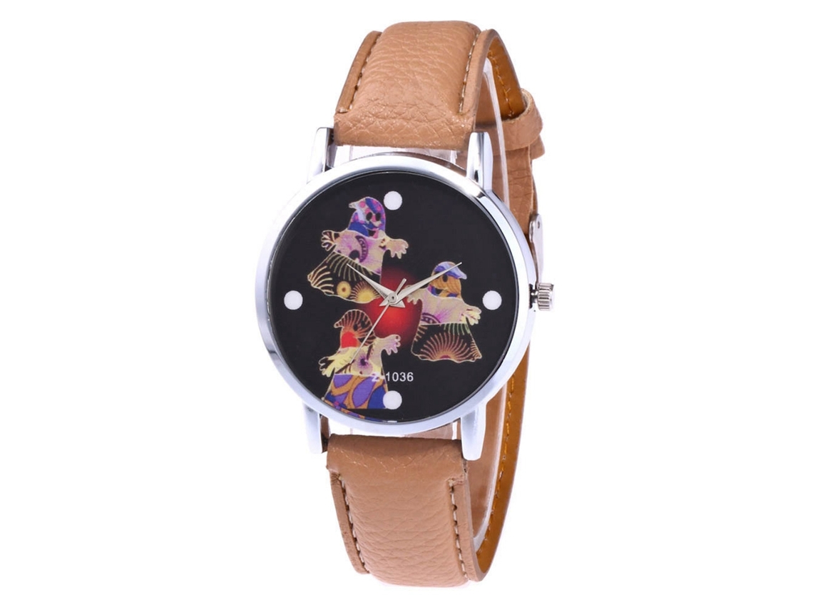 Relógio de Pulso de Quartzo com Pulseira de Couro Pu Padrão Halloween Bege