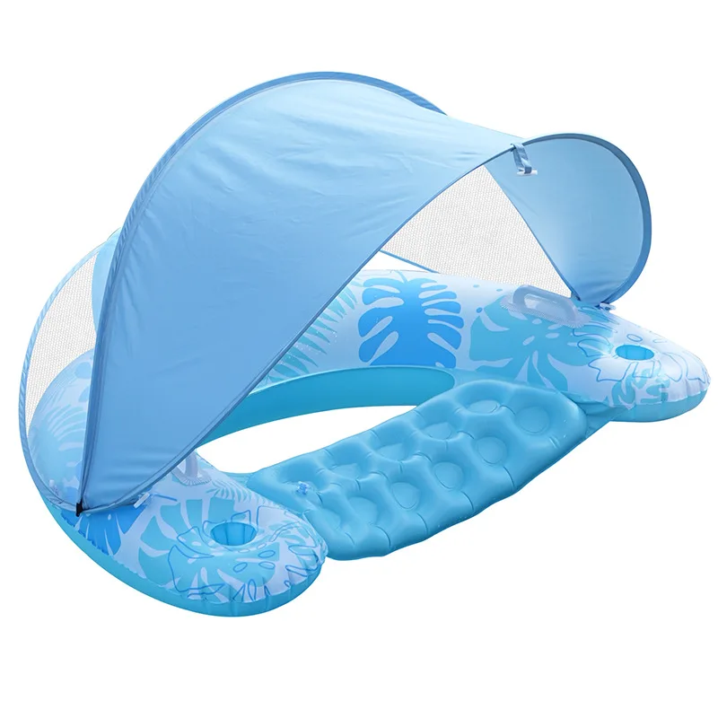(azul) Cadeira Inflável Para Piscina Com Guarda-sol E Porta-copos, Estilo Espreguiçadeira.