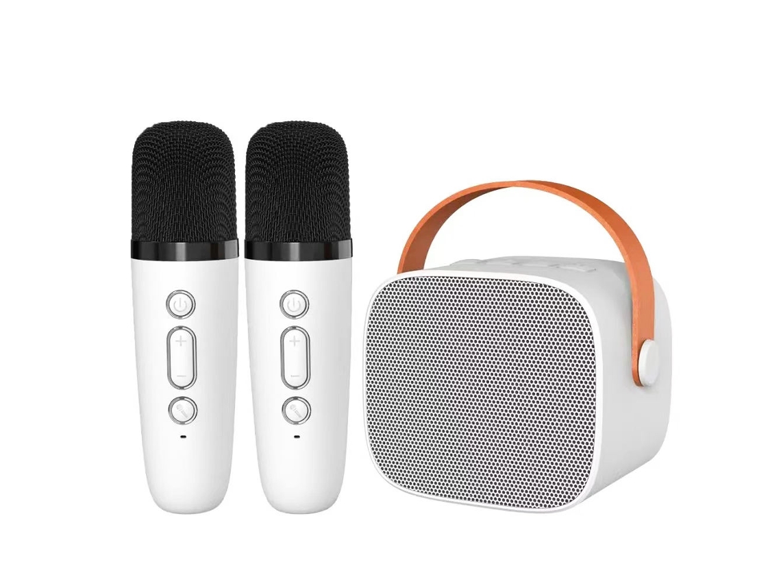 Coluna Bluetooth Karaoke Com 2 Microfones Sem Fio Alto Falante Portátil Hifi Branco PAPRIKA