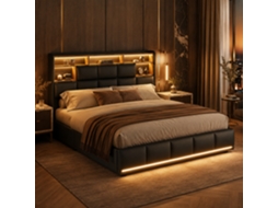 Cama 140x190 Cm Com Arrumação Hidráulica, Cama Baú Com Sommier Led E Usb, Cama De Casal Estofada Com Cabeceira, Design Moderno, Preto Pu