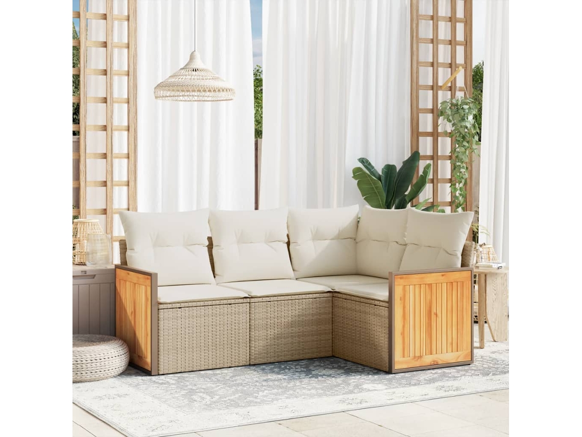Conjunto de sofá de jardim de 4 peças com almofadas Vime Pe Bege Lovely Home