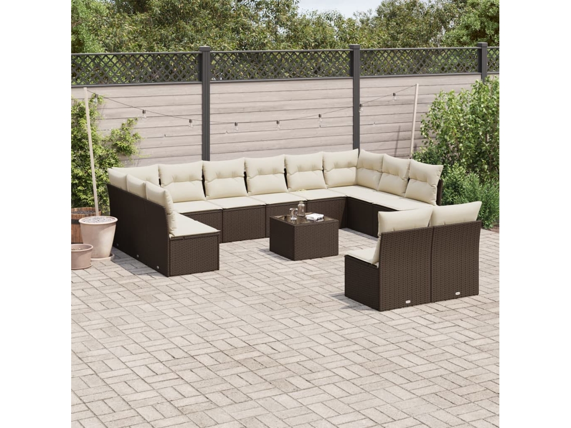 Vidaxl 13 Pcs Conjunto Sofás P/ Jardim C/ Almofadões Vime Pe Castanho