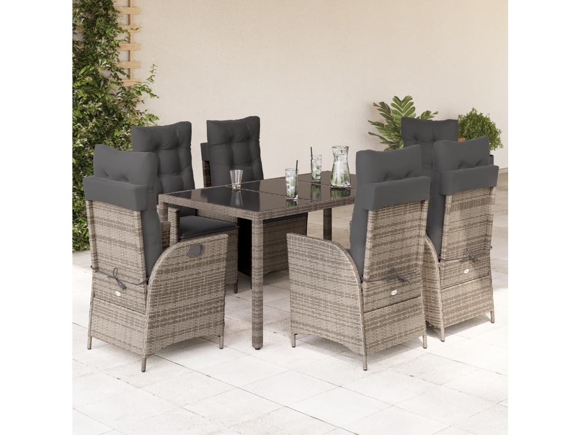 Vidaxl 7 Pcs Conjunto De Jantar P/ Jardim C/ Almofadões Vime Pe Cinza