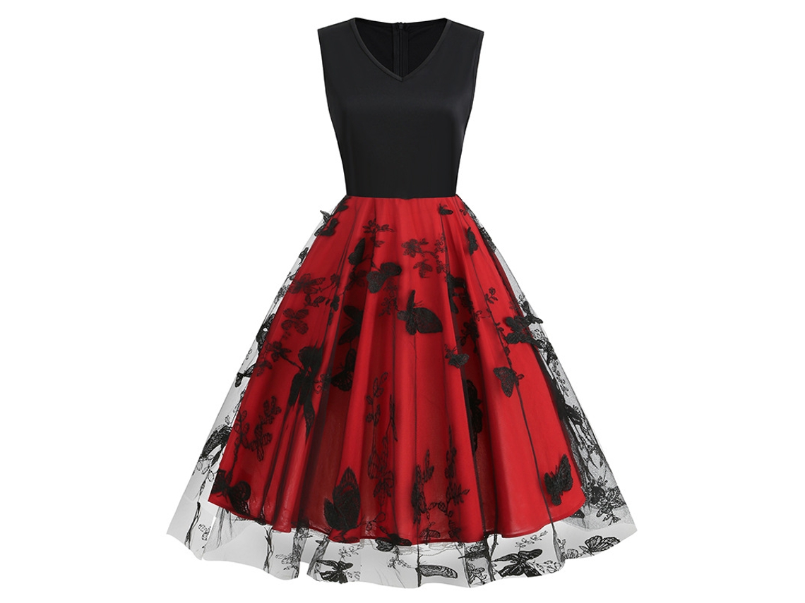 Roupas de Natal com Decote em V Sem Mangas Malha Borboleta Patchwork Vestido Retrô L