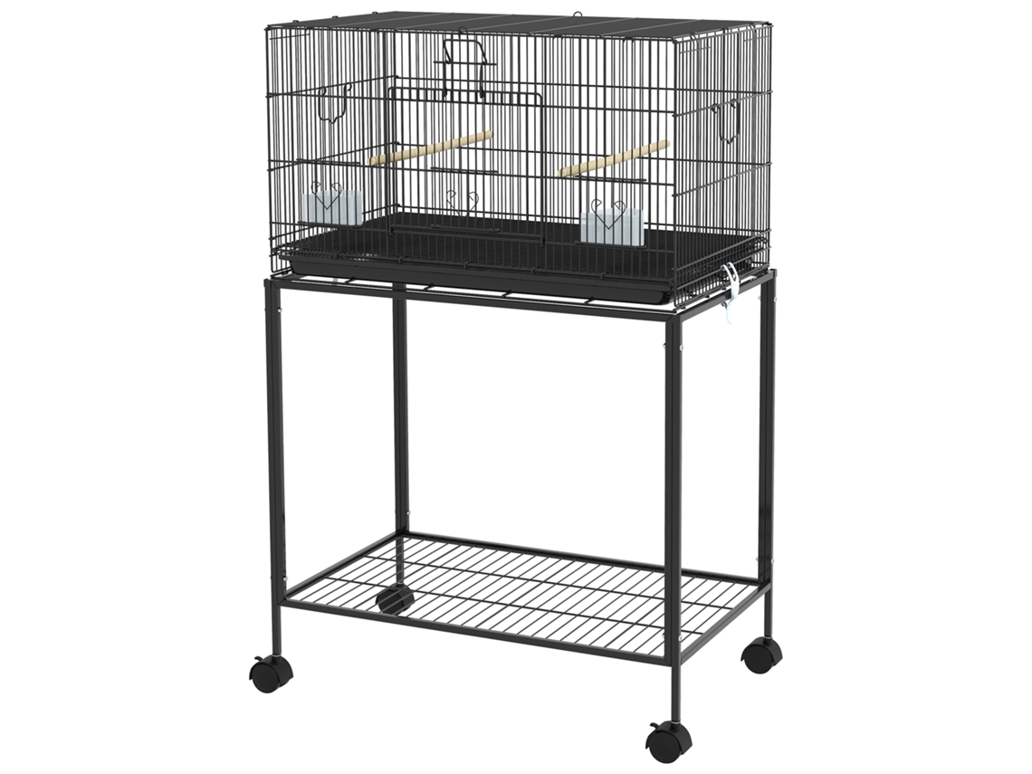 Gaiola para Pássaros com Rodas, 77x46x119 cm, Bandeja Amovível, 2 Poleiros, 2 Comedouros, Prateleira de Armazenamento, Preto