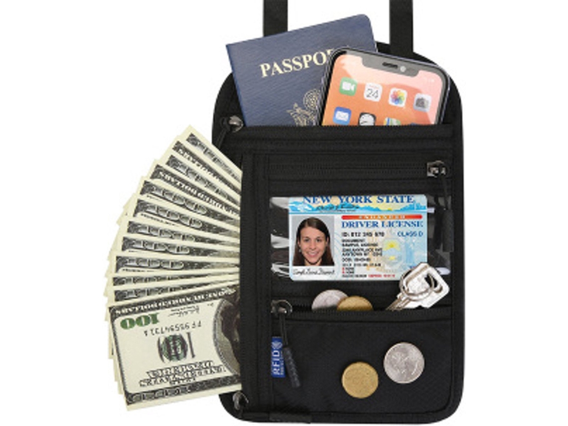 Bolsa Antifurto Para O Pescoço, 4 Compartimentos Com Zíper, Alça De Pescoço Ajustável, Preta