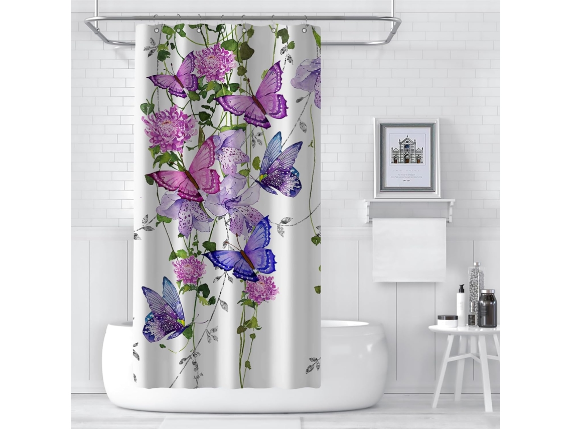Cortina De Chuveiro Com Borboletas Roxas E Flores Rústicas, 36 X 72 Polegadas, Com 7 Ganchos, Ideal Para Verão E Primavera Jortmrd