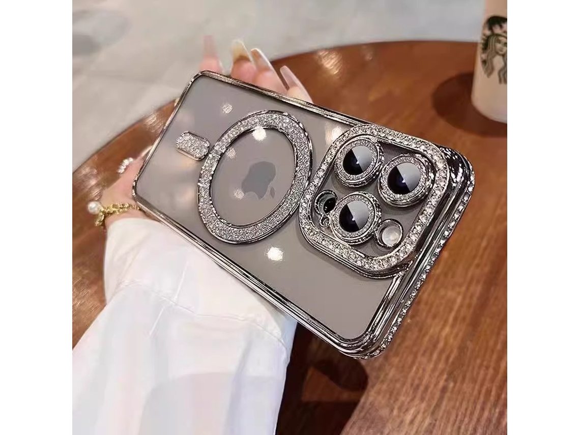 Capa Para Iphone 17 Prateada Com Strass E Fecho Magnético Transparente