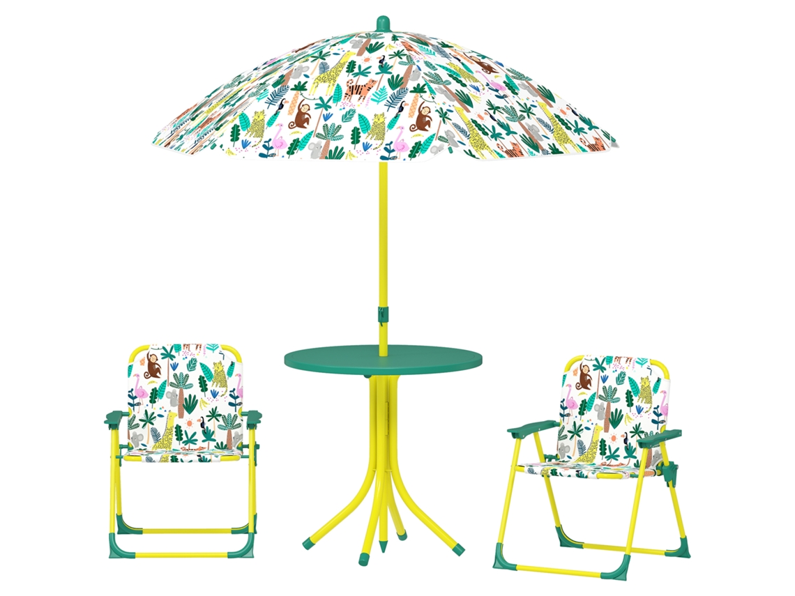 Conjunto Móveis Jardim Infantil Com 2 Cadeiras Dobráveis E Guarda-sol, Tema Selva Verde