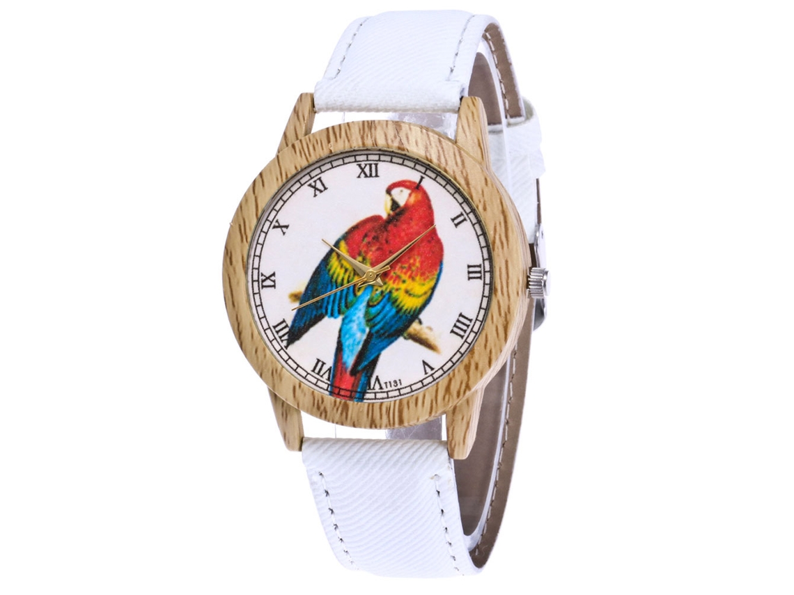 Reloj De Pareja De Cuero Zhoulianfa Con Dial Redondo Y Patrón De Loro (blanco)