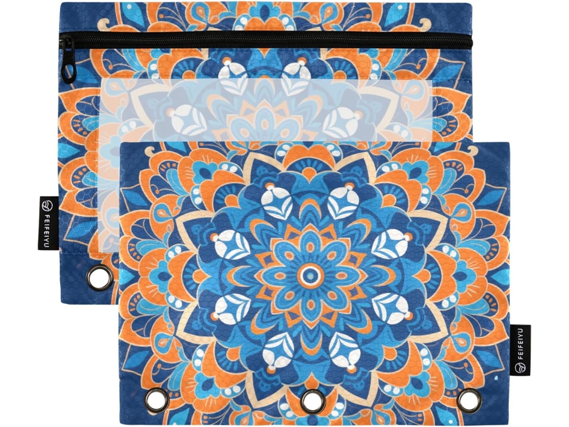 Estojo transparente para lápis com estampa Boêmia em laranja e azul, com fecho de zíper, para 3 pastas de carimbo.