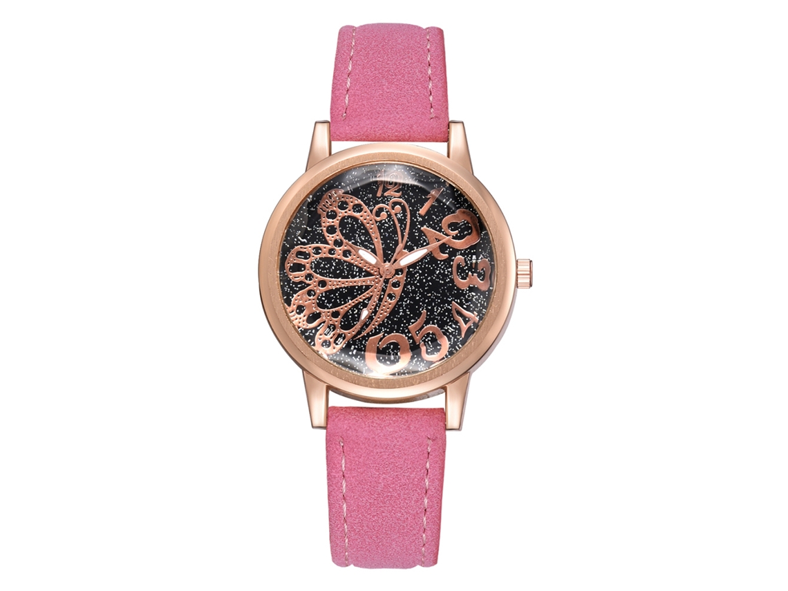 Relógio Feminino de Pulso com Correia Pu e Mostrador Redondo de Quartzo Rosa