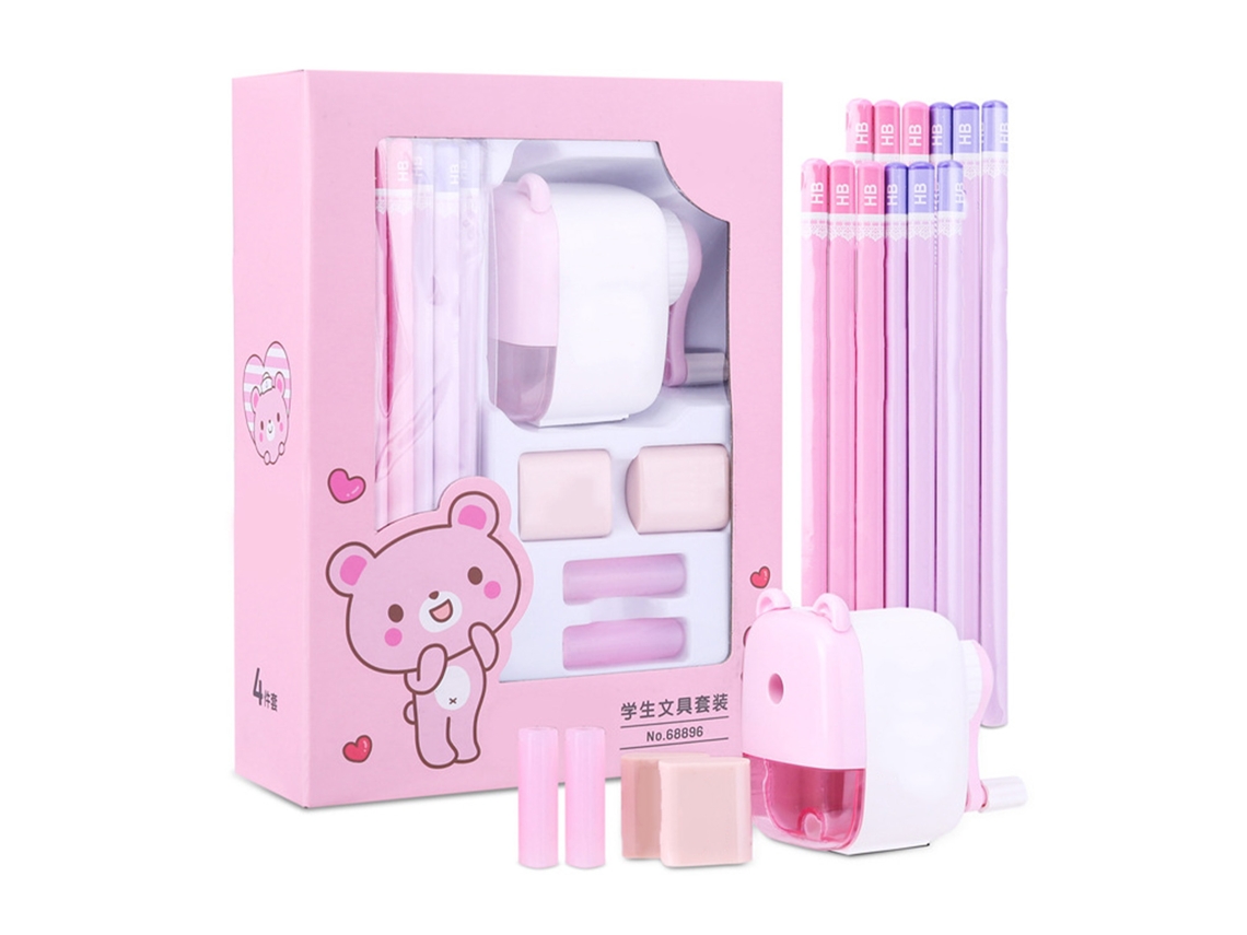 Conjunto Papelaria Estudantil Cute Lápis Afiador Borrador Rosa