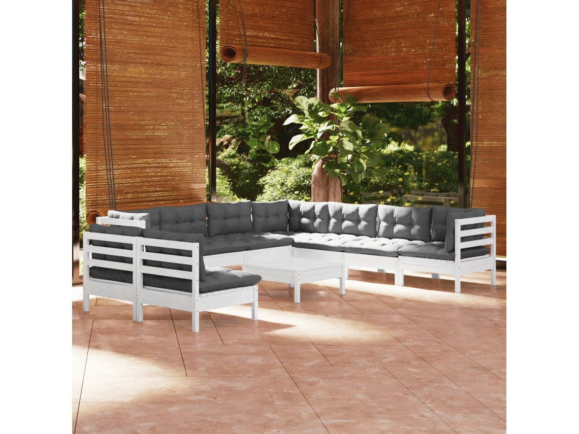 Conjunto 10 Peças Lounge De Jardim C/ Almofadões Pinho Maciço Branco Dkd Home Decor