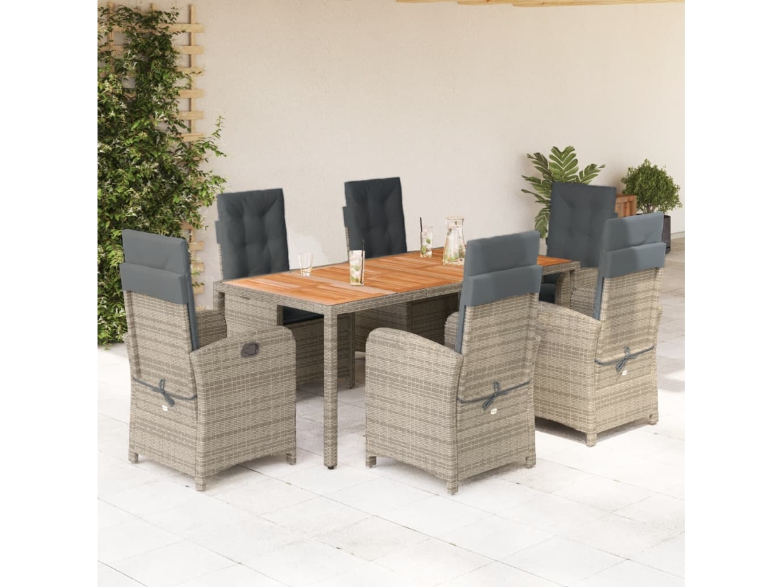 Vidaxl 7 Pcs Conjunto De Jantar P/ Jardim C/ Almofadões Vime Pe Cinza