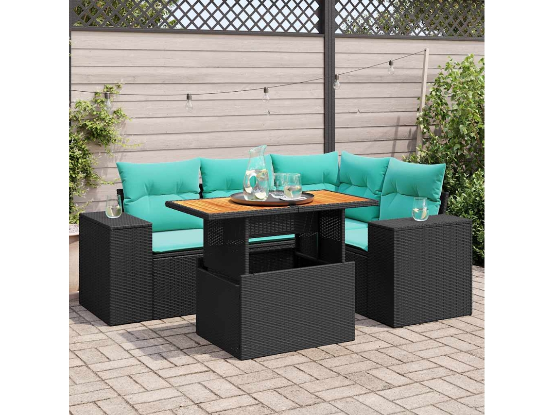 Vidaxl 5 Pcs Conjunto Sofás De Jardim Com Almofadões Vime Pe Preto