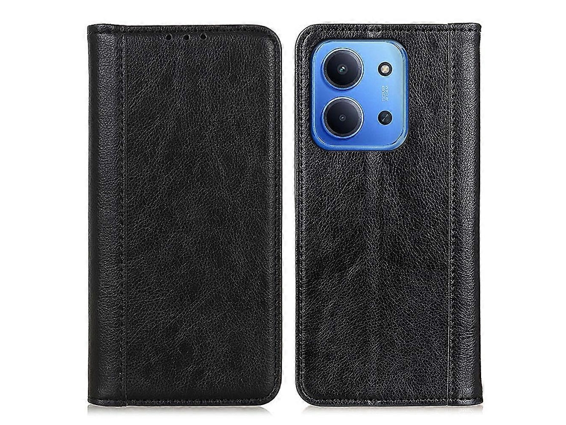 Capa Tipo Carteira Em Couro Rachado Com Textura De Lichia, Preta, Para Xiaomi Redmi 15c 5g (ue) (173 Mm) / 15c 4g (ue) (173 Mm)
