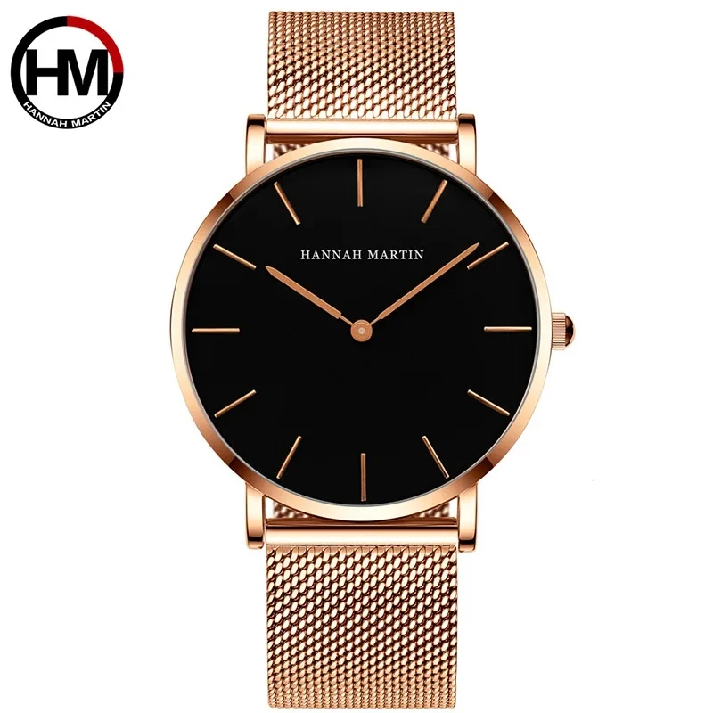 Relógio Masculino de Quartzo Ultrafino de Aço com Mostrador Preto MDUG (pulseira de Malha Dourada Rosê)