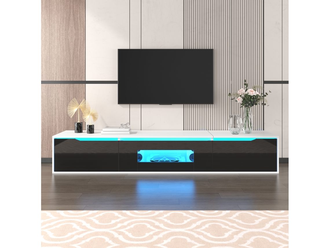 Móvel de TV KOMHTOM, 180x35x30 cm, portas ranhuradas, LED 16 cores, frente laqueada, preto brilhante