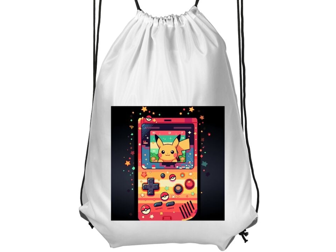 Mochila De Ginástica Infantil Branca, Confortável E Prática, Com Estampa Colorida Do Pikachu Em Um Console De Videogame Retrô E Gráficos Pixelados