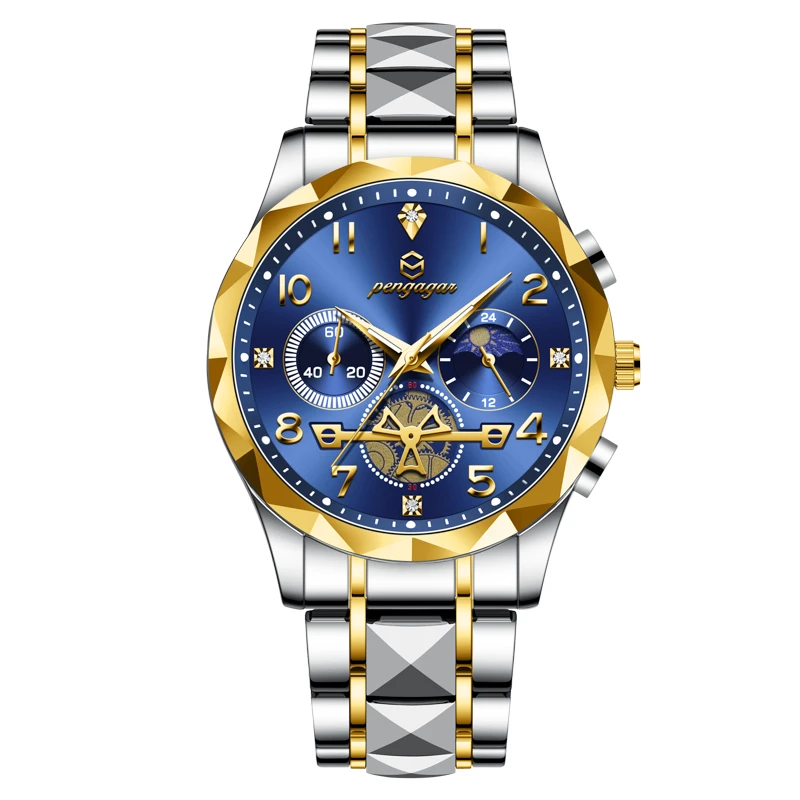 Cronógrafo De Luxo Em Aço Inoxidável Com Movimento De Quartzo, Nas Cores Dourado E Azul.