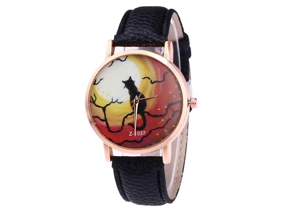 Relógio de quartzo com pulseira de couro PU, mostrador com estampa de gato, modelo casual unissex Zhoulianfa preto.