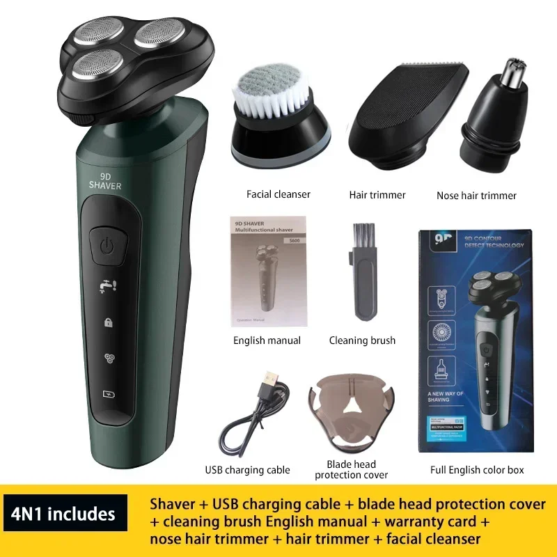 Barbeador Elétrico, Bateria Recarregável, Barbeador Rotativo MDUG (verde 4 em 1)