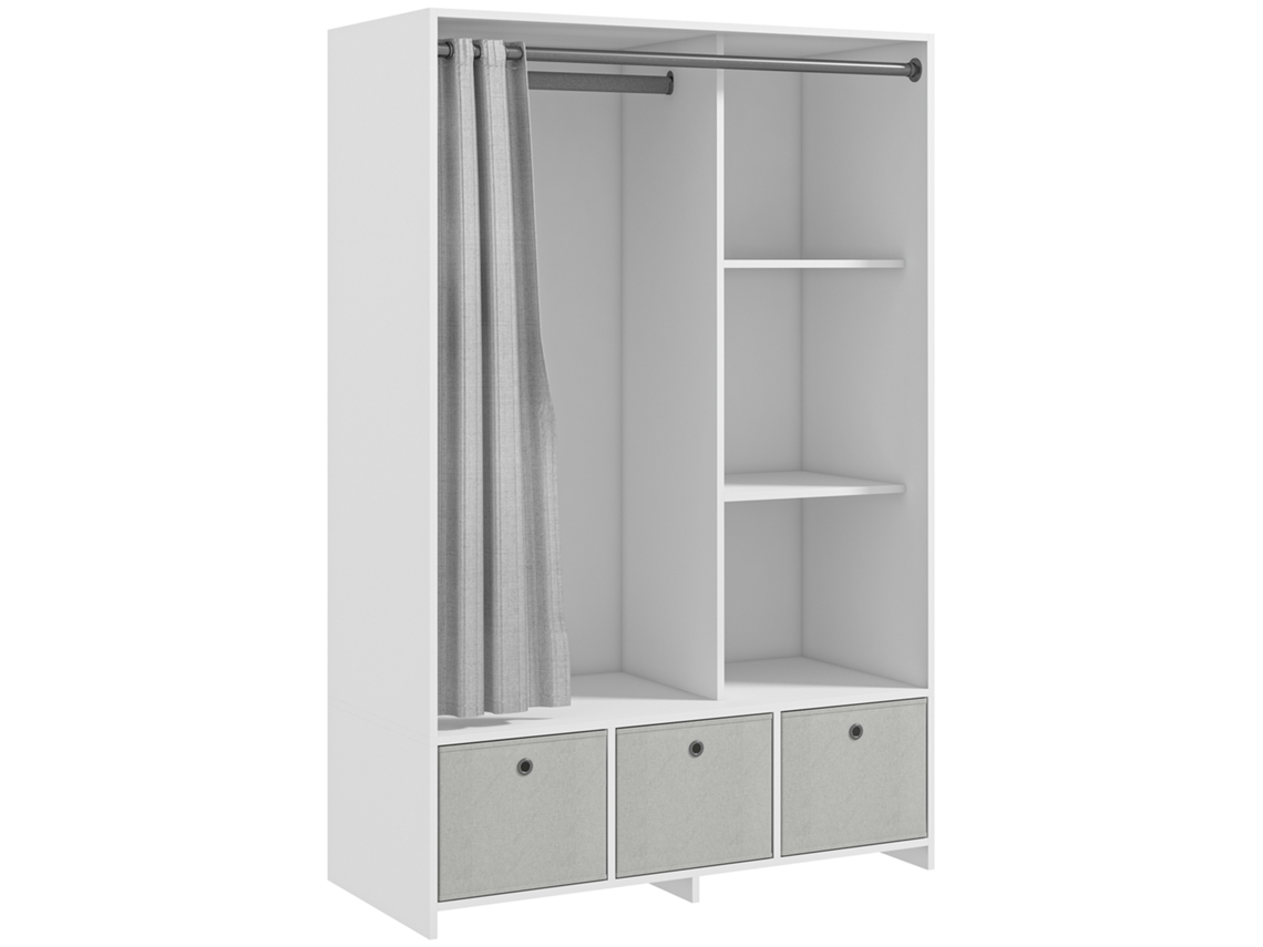 Armário guarda roupa com varão, cortina, 3 gavetas de tecido removíveis, 105x48x160cm branco BTFORUS